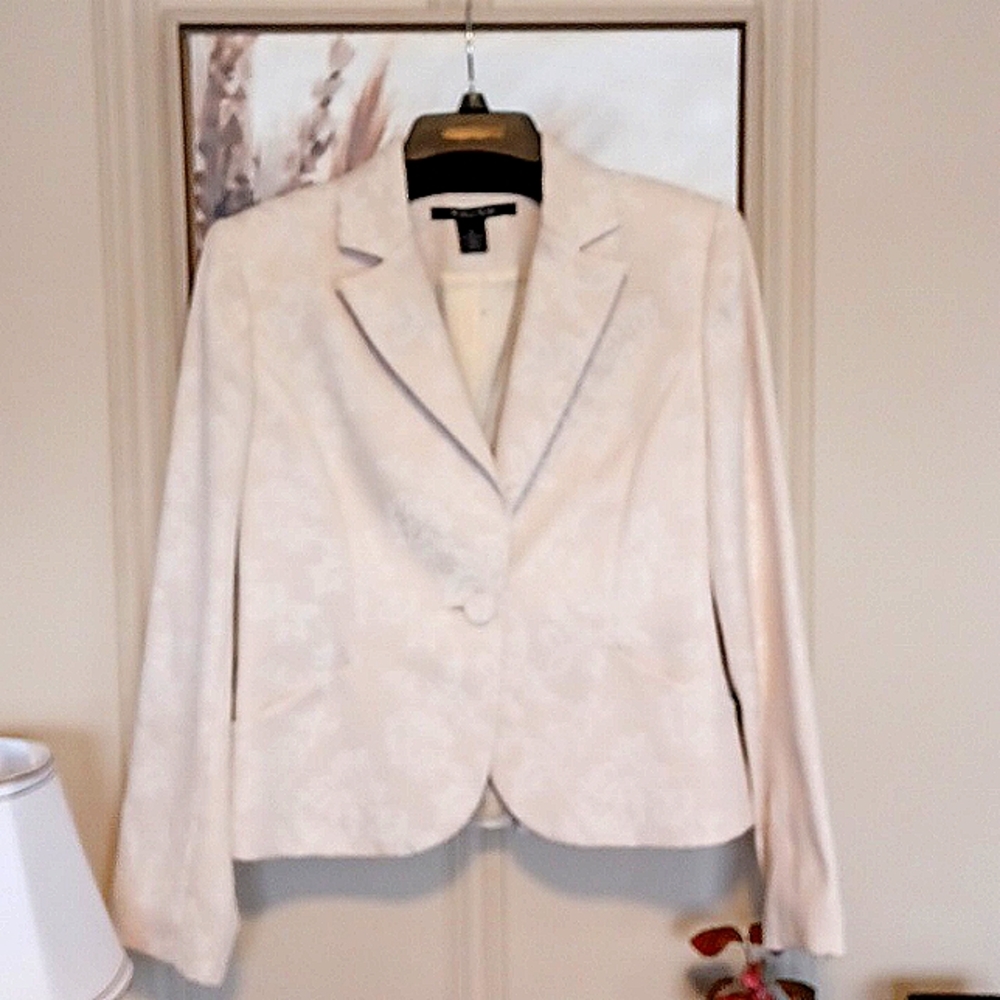 Madison Studios Cream Brocade Blazer W8  One Button  Lined  Pockets Cotton/Poly